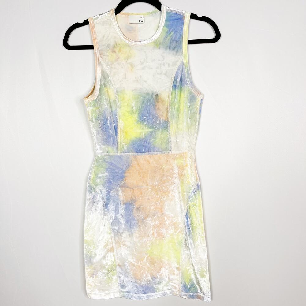 Aritzia Wilfred Free Small S Tie Dye Crushed Velvet Dress Neon Crew Neck Mini